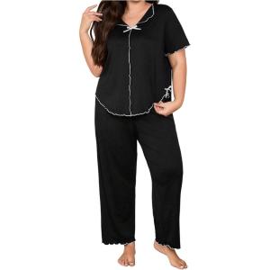 image:imageOYOANGLE Womens Plus Size Pajama Set Lettuce Trim Short Sleeve Sleepwear Top and Pants PajamasBlack