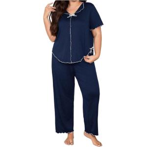 image:imageOYOANGLE Womens Plus Size Pajama Set Lettuce Trim Short Sleeve Sleepwear Top and Pants PajamasBlue