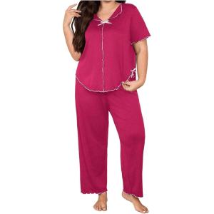 image:imageOYOANGLE Womens Plus Size Pajama Set Lettuce Trim Short Sleeve Sleepwear Top and Pants PajamasHot Pink