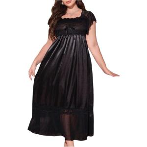 image:imageOYOANGLE Womens Plus Size Satin Nightgown Sleepwear Lace Trim Short Sleeve Ruffle Maxi NightdressBlack
