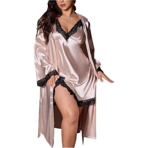 image:imageOYOANGLE Womens Plus Size Satin Robe Set Lace Trim Chemise Nightgown and Belted Bathrobe SleepwearChampagne