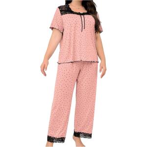 image:imageOYOANGLE Womens Plus Size Short Sleeve Sleepwear Polka Dots Lace Trim Tee and Pants Pjs Soft Pajama SetPink