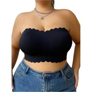 image:imageOYOANGLE Womens Plus Size Strapless Bra Scallop Trim Non Slip Push Up Tube Top Bras with Clear StrapsBlack