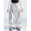 image:imageOYOANGLE Girls Metallic Cargo Pants Drawstring High Waist Wide Leg Hip Hop Dance SweatpantsSilver