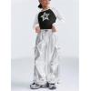 image:imageOYOANGLE Girls Metallic Cargo Pants Drawstring High Waist Wide Leg Hip Hop Dance SweatpantsSilver