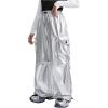 image:imageOYOANGLE Girls Metallic Cargo Pants Drawstring High Waist Wide Leg Hip Hop Dance SweatpantsSilver