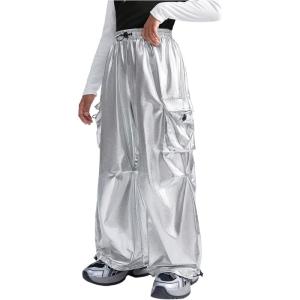 image:imageOYOANGLE Girls Metallic Cargo Pants Drawstring High Waist Wide Leg Hip Hop Dance SweatpantsSilver