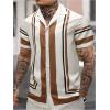 image:imageOYOANGLE Mens Striped Print Button Down Shirts Short Sleeve Collared Neck Shirts TopBeige and Brown