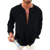 image:imageOYOANGLE Mens Long Sleeve Button Down Shirts Crew Neck Basic Solid Shirt TopBlack