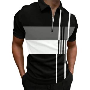image:imageOYOANGLE Mens Color Block Striped Casual Golf Shirts Half Zip Short Sleeve Moisture Wicking TShirtBlack and White