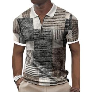 image:imageOYOANGLE Mens Color Block Striped Short Sleeve Collared Shirt Half Zip Golf Shirts Business Casual TopsMulticolor