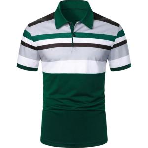 image:imageOYOANGLE Mens Color Block Striped Short Sleeve Golf Shirt Work Dressy Collared TShirtsDark Green