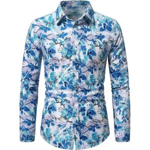 image:imageOYOANGLE Mens Hawaiian Shirts Floral Print Long Sleeve Button Down Beach Vacation Shirt TopsBlue