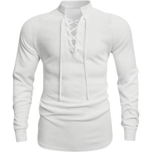 image:imageOYOANGLE Mens Lace Up Tie Long Sleeve Tee Shirt Solid Casual Knitted Pullover TopsWhite