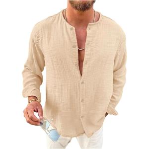 image:imageOYOANGLE Mens Long Sleeve Button Down Shirts Crew Neck Basic Solid Shirt TopApricot