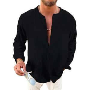 image:imageOYOANGLE Mens Long Sleeve Button Down Shirts Crew Neck Basic Solid Shirt TopBlack