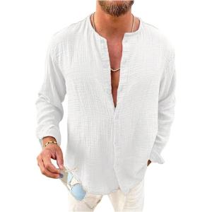 image:imageOYOANGLE Mens Long Sleeve Button Down Shirts Crew Neck Basic Solid Shirt TopWhite