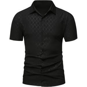 image:imageOYOANGLE Mens Plaid Print Button Down Shirts Short Sleeve Collared Slim Fit BlouseBlack