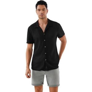 image:imageOYOANGLE Mens Short Sleeve Button Down Fashion Casual Summer Beach Shirts Knit Shirts Vintage TopsBlack
