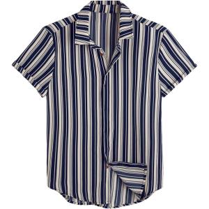 image:imageOYOANGLE Mens Striped Dress Shirts Short Sleeve Button Down Business Casual Shirt TopDeep Blue