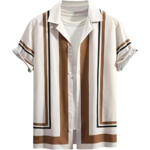 image:imageOYOANGLE Mens Striped Print Button Down Shirts Short Sleeve Collared Neck Shirts TopBeige and Brown