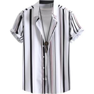 image:imageOYOANGLE Mens Striped Short Sleeve Shirt Button Down Hawaiian Casual Shirts TopsWhite