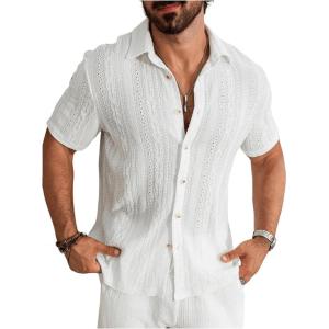 image:imageOYOANGLE Mens Summer Casual Shirts Button Down Shirt for Men Short Sleeve Vacation Beach Fashion ShirtWhite