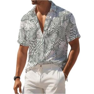 image:imageOYOANGLE Mens Tropical Print Short Sleeve Button Down Shirts Floral Summer Beach Hawaiian ShirtLight Green