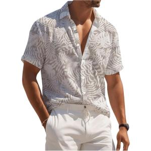 image:imageOYOANGLE Mens Tropical Print Short Sleeve Button Down Shirts Floral Summer Beach Hawaiian ShirtWhite and Grey