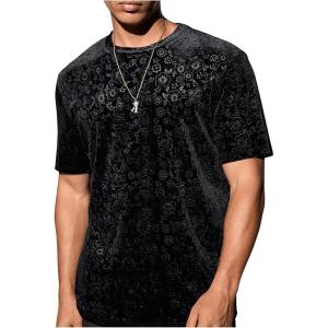 image:imageOYOANGLE Mens Velvet Crew Neck T Shirt Floral Short Sleeve Party Tee Tops StreetwearBlack