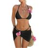 image:imageOYOANGLE Womens 3 Piece 3D Floral Cheeky Bikini Set Triangle String Thong Swimsuit with Cover Up SkirtBlack