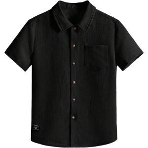 image:imageOYOANGLE Boys Short Sleeve Button Down Shirt Textured Collared Casual Uniform TopBlack