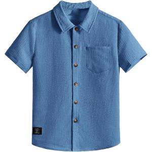 image:imageOYOANGLE Boys Short Sleeve Button Down Shirt Textured Collared Casual Uniform TopBlue