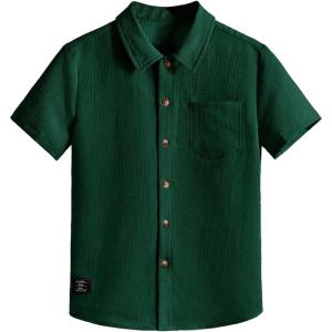 image:imageOYOANGLE Boys Short Sleeve Button Down Shirt Textured Collared Casual Uniform TopDark Green