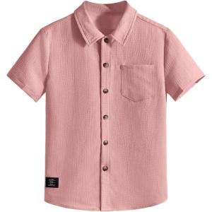 image:imageOYOANGLE Boys Short Sleeve Button Down Shirt Textured Collared Casual Uniform TopDusty Pink