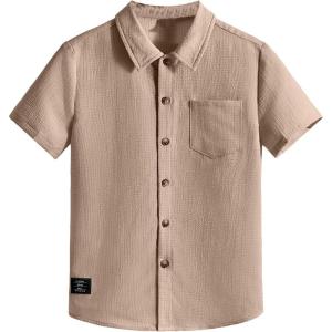 image:imageOYOANGLE Boys Short Sleeve Button Down Shirt Textured Collared Casual Uniform TopKhaki
