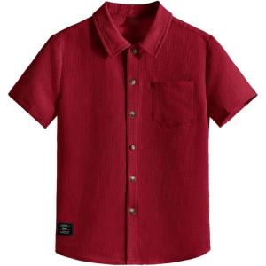 image:imageOYOANGLE Boys Short Sleeve Button Down Shirt Textured Collared Casual Uniform TopRed