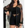 image:imageOYOANGLE Womens Plus Size Striped Button Up Shirt Long Sleeve Collar Mesh Sheer TopsBlack