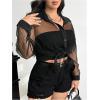 image:imageOYOANGLE Womens Plus Size Striped Button Up Shirt Long Sleeve Collar Mesh Sheer TopsBlack