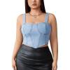 image:imageOYOANGLE Womens Plus Size Wide Strap Denim Crop Tank Top Zip Up Back Sleeveless Jean Corset TopsLight Wash