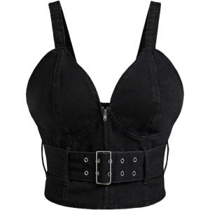 image:imageOYOANGLE Womens Plus Size Corset Denim Tank Top Y2K V Neck Zip Up Belted Jean Crop Tops StreetwearBlack