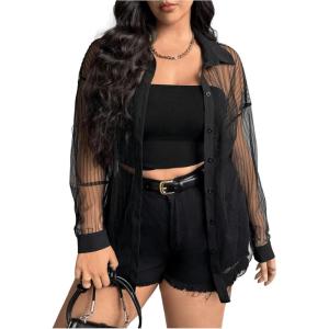 image:imageOYOANGLE Womens Plus Size Striped Button Up Shirt Long Sleeve Collar Mesh Sheer TopsBlack