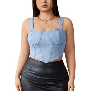 image:imageOYOANGLE Womens Plus Size Wide Strap Denim Crop Tank Top Zip Up Back Sleeveless Jean Corset TopsLight Wash
