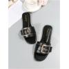 image:imageOYOANGLE Womens Summer Dressy Slide Sandals Buckle Single Band Slip on Leather Flat SandalBlack