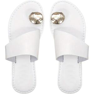 image:imageOYOANGLE Womens Metal Toe Ring Slide Sandals Open Toe Summer Dressy Slip on Flat SandalWhite