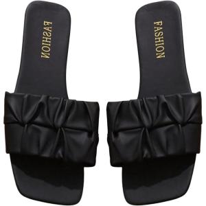 image:imageOYOANGLE Womens Pu Leather Sandals Single Band Square Toe Pleated Strap Casual Flat SlidesBlack