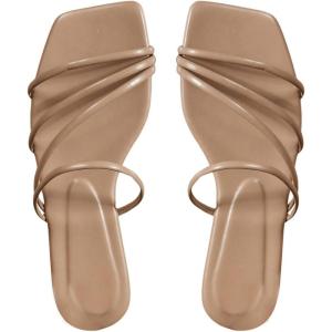 image:imageOYOANGLE Womens Strappy Slip on Open Toe Slide Sandals Squared Slippers Flat SandalsKhaki