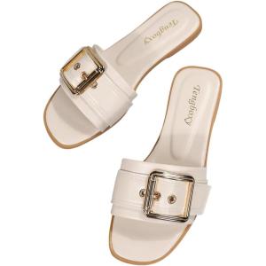 image:imageOYOANGLE Womens Summer Dressy Slide Sandals Buckle Single Band Slip on Leather Flat SandalBeige