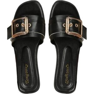 image:imageOYOANGLE Womens Summer Dressy Slide Sandals Buckle Single Band Slip on Leather Flat SandalBlack