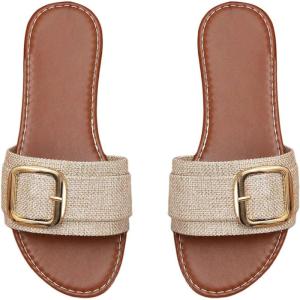 image:imageOYOANGLE Womens Buckle Decor Boho Flat Sandals Single Band Open Toe Slip on Slides Casual Beach Vacation SandalsBrown